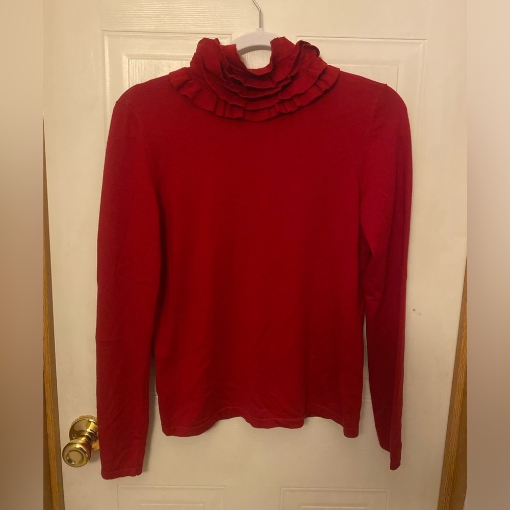 Lauren Ralph Lauren Red Ruffle Mock Neck Silk Blend Sweater